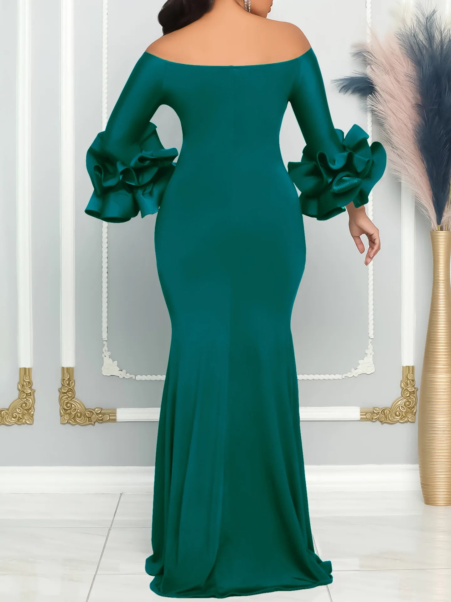Saddle River Elegant Evening Sexy One Shoulder Ruffle Sleeve Split Long Dress