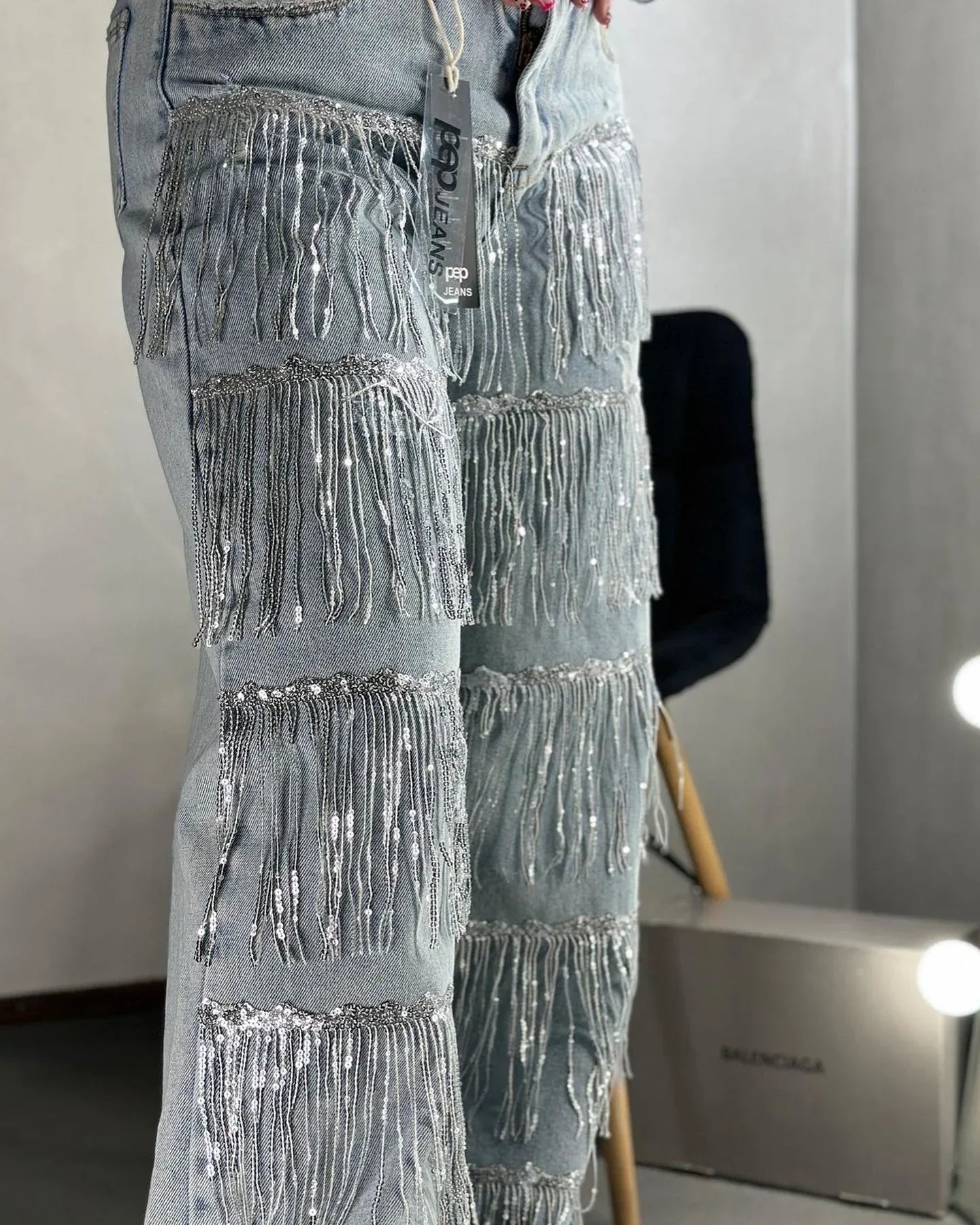 Maurice River High Waisted Fringe Wide Leg Baggy Bling Tassel Denim