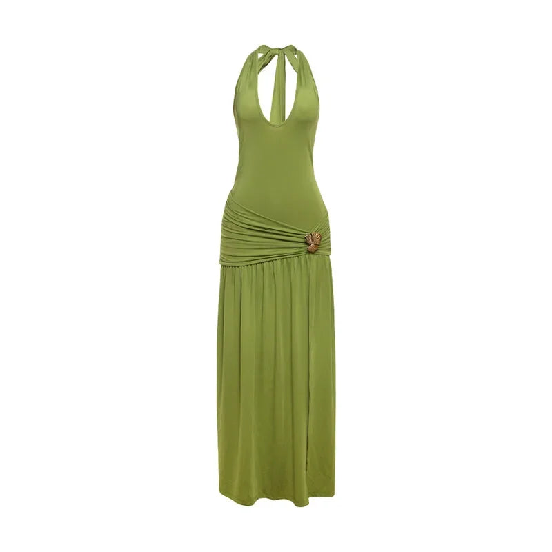 Clarion Chiffon Natural Waist Sleeveless Split Pleated Halter Maxi Dress