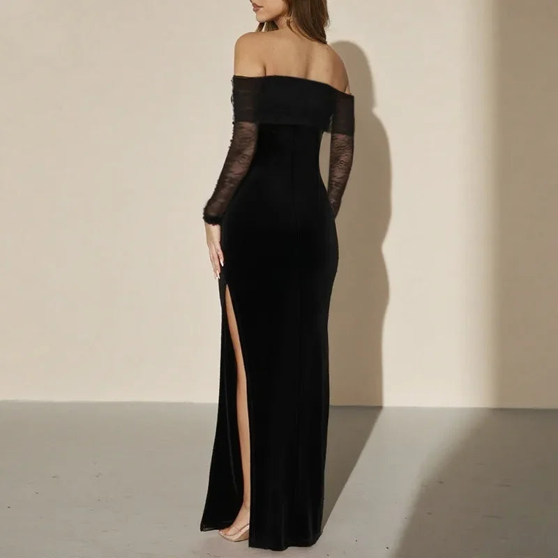 Norwalk Off the Shoulder Long Sleeve Black Lace Tight Waist Maxi Long Dress