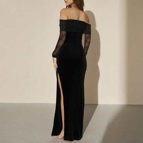 Norwalk Off the Shoulder Long Sleeve Black Lace Tight Waist Maxi Long Dress