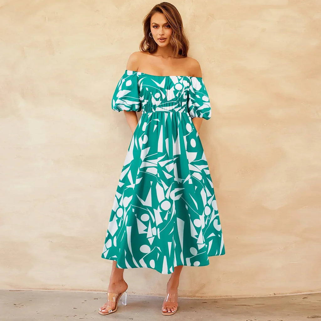 Sexy off Shoulder Bubble Sleeves Printed Maxi Dress Bohemian