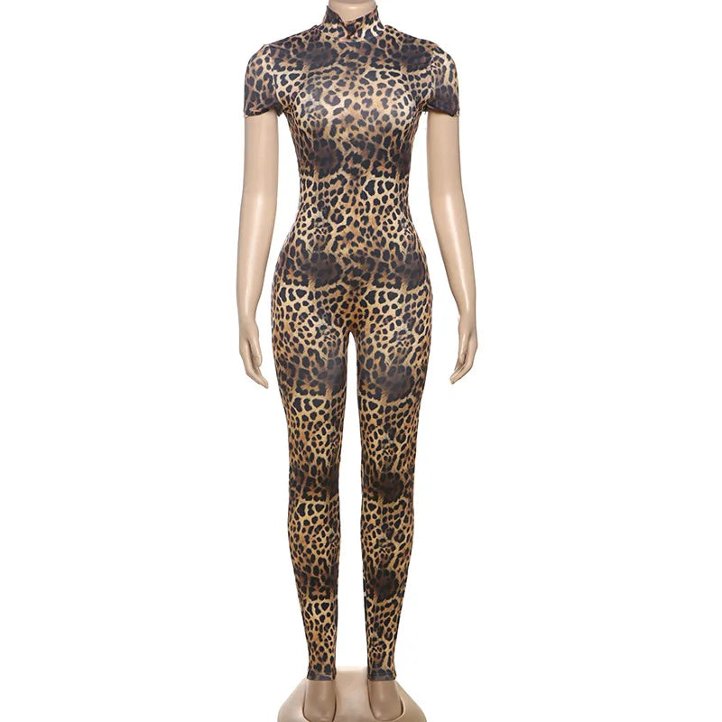 New Haven Tight Sleeve Fashion Leopard Print Backless Jumpsuits