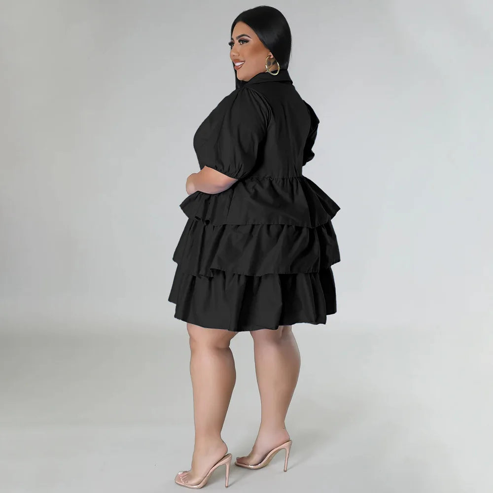 Chicago Solid Color Plus Size Ruffles Casual Loose Turn-Down Collar Dress
