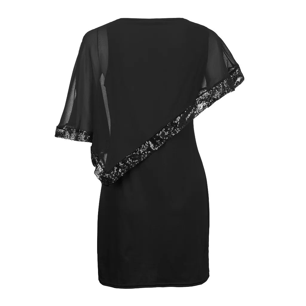 Carolina Plus Size Sexy Cold Shoulder Overlay Asymmetric Chiffon Strapless Sequins Dress