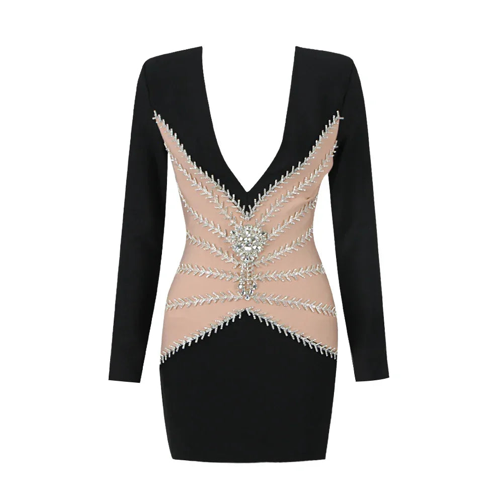 Cedar Knolls Elegant Black Bodycon Long Sleeve Bandage Patchwork Deep V-Neck Dress