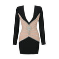 Cedar Knolls Elegant Black Bodycon Long Sleeve Bandage Patchwork Deep V-Neck Dress