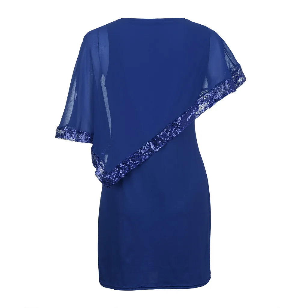 Carolina Plus Size Sexy Cold Shoulder Overlay Asymmetric Chiffon Strapless Sequins Dress