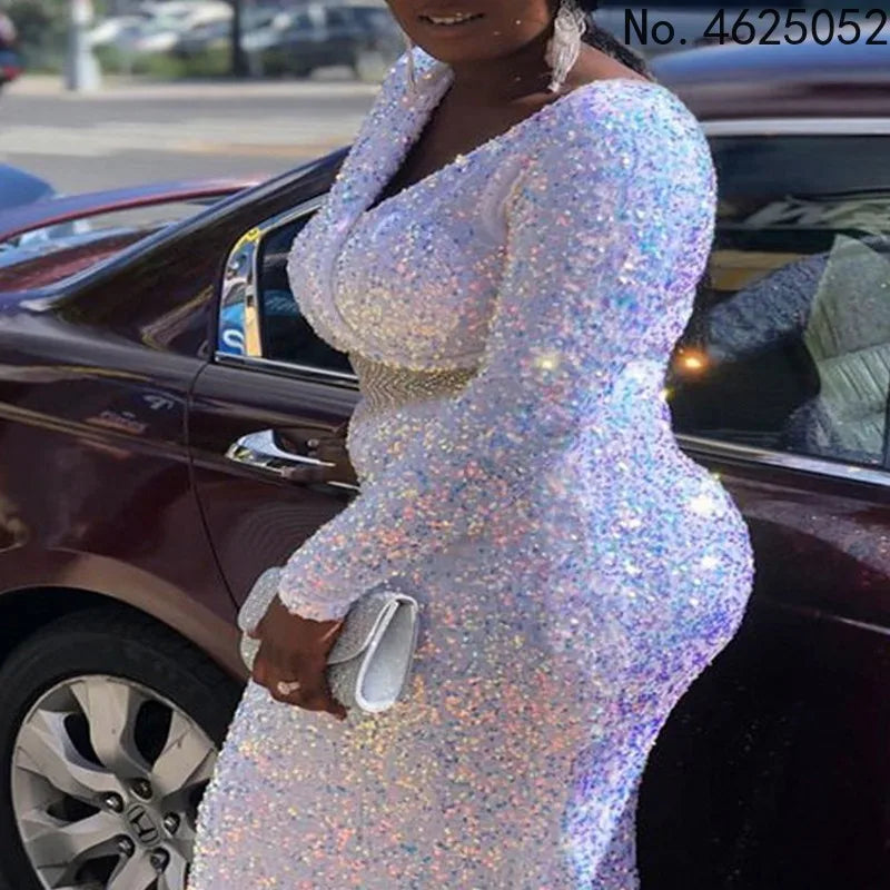 Barahona Plus Size White Sequin Long Elegant Wedding Dinner Formal Dress