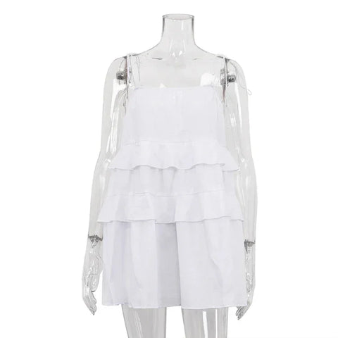 Union Solid Color Cotton Spaghetti Strap Slip Layered Ruffle Dress