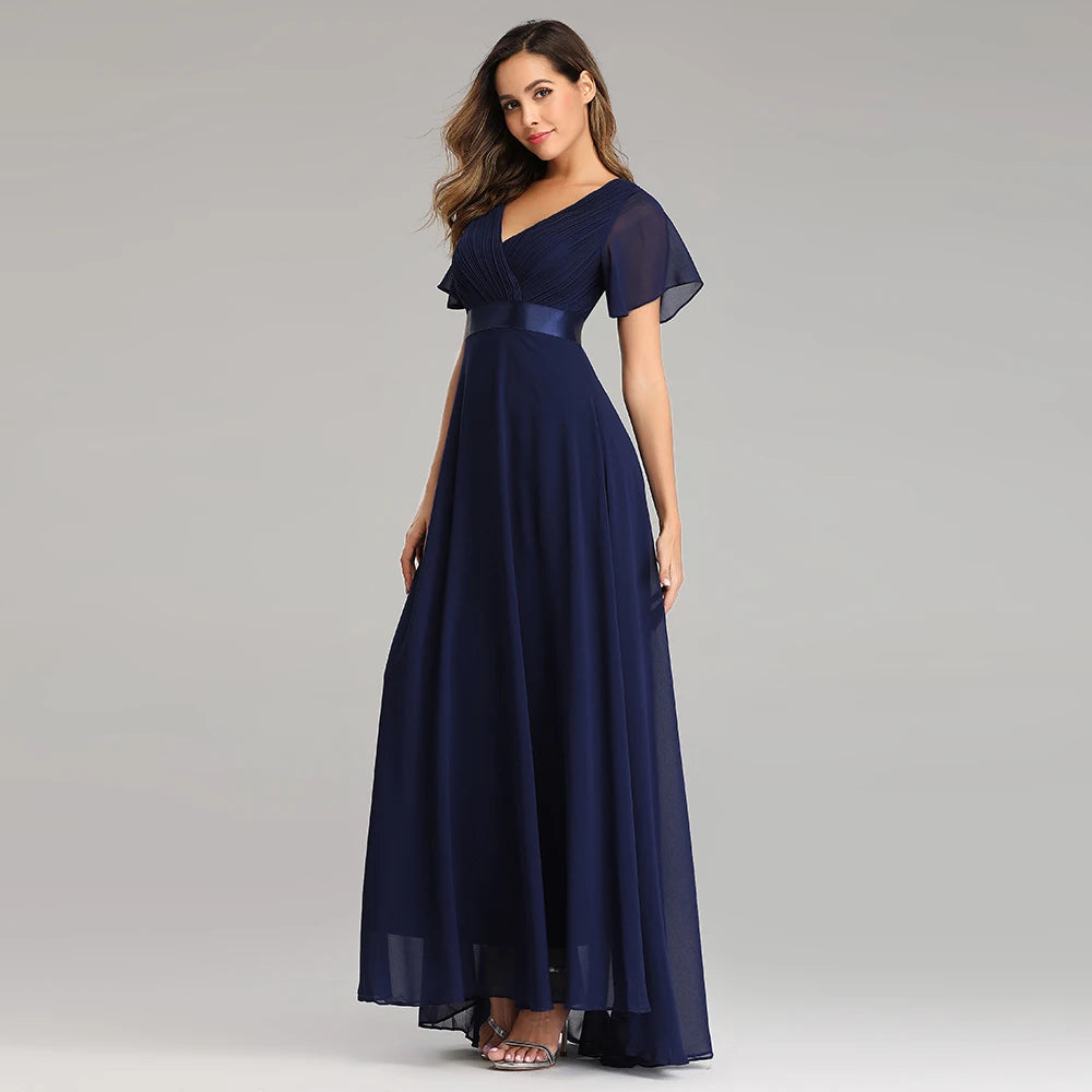 Kerney Elegant V Neck Ruffles Chiffon Formal Evening Gown Dress