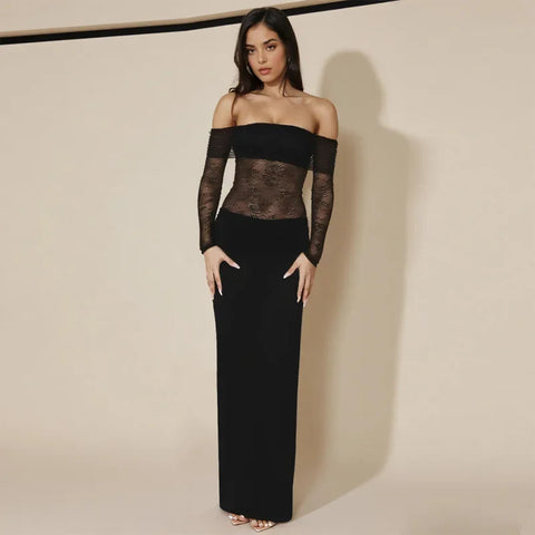 Norwalk Off the Shoulder Long Sleeve Black Lace Tight Waist Maxi Long Dress