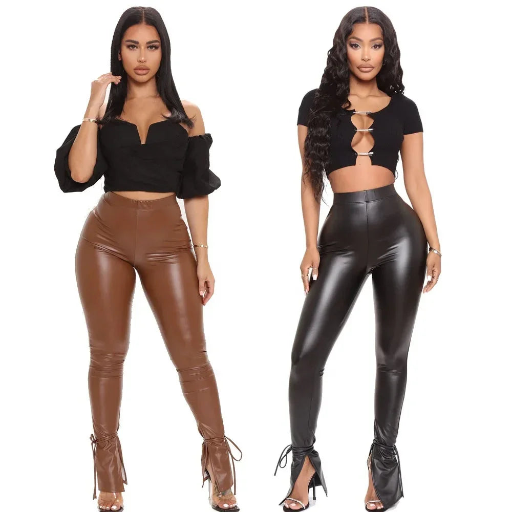 Union Tight High Elastic Bell Bottoms Casual Side Split Women's Pu Leather Pants