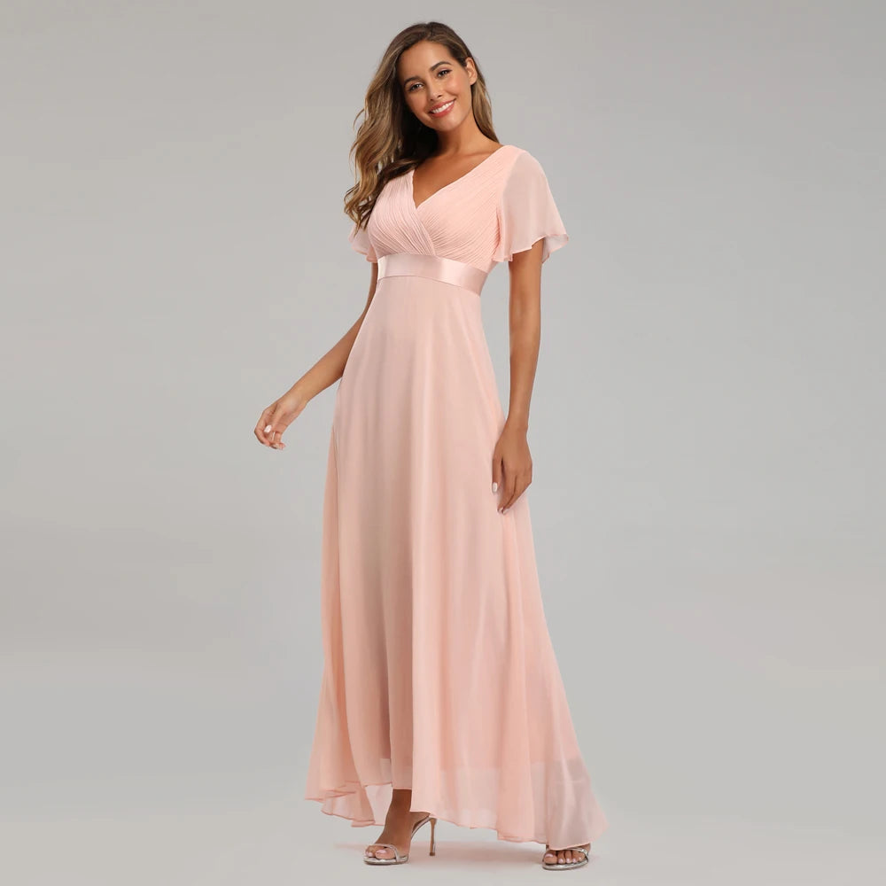 Kerney Elegant V Neck Ruffles Chiffon Formal Evening Gown Dress