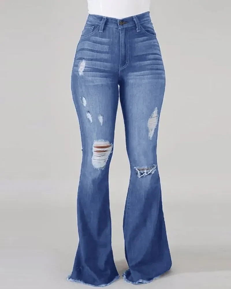 Pottstown Elastic Hole High-Waisted Flared Denim Trousers