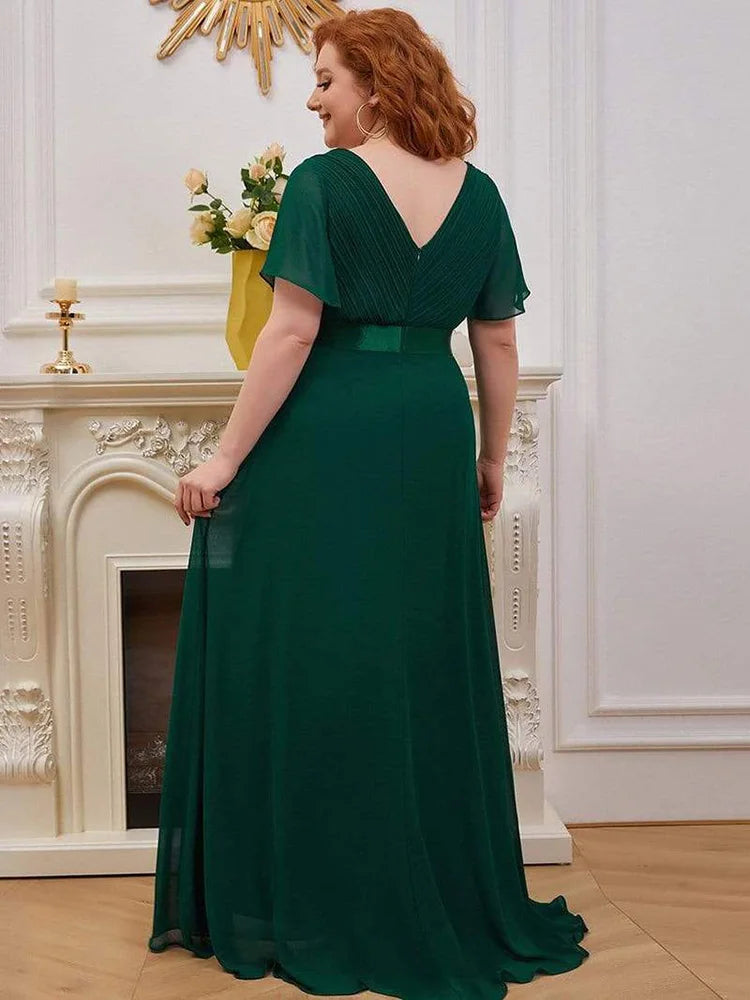 Detroit Plus Size Evening Long Elegant A Line V Neck Ruffles Chiffon Formal Dress
