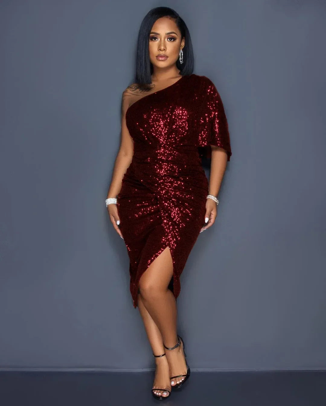 Patchoque Off-Shoulder Dress Solid Color Sequin Anti-Static Cross-Border Dress