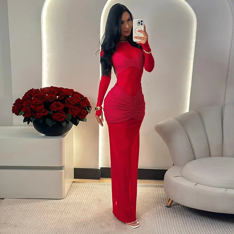 Schenectedy O Neck Long Sleeve Backless Sexy Black Mesh Full Length Maxi Dresses