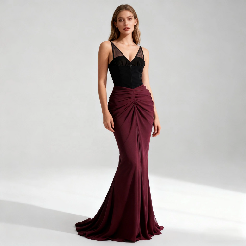 Doodletown Elegant Evening Party Gowns Mesh Straps Velvet Patchwork Long Maxi Dress