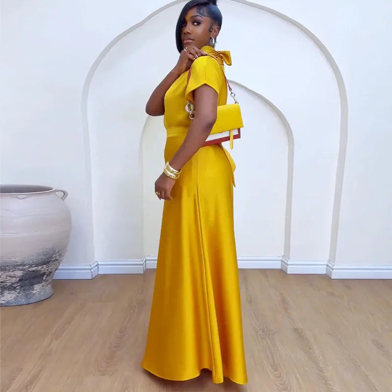 Pontiac Yellow Satin Elegant Temperament Loose High Neck Two Piece Set