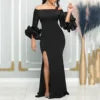 Saddle River Elegant Evening Sexy One Shoulder Ruffle Sleeve Split Long Dress