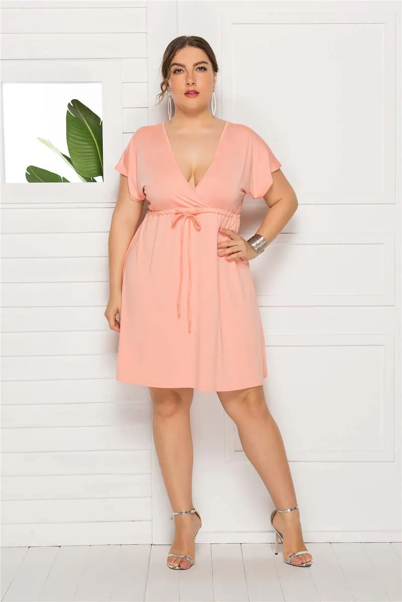 PLUS SIZE V Neck Sleeve Elastic Waist Frenulum Casual Loose Mini Dress