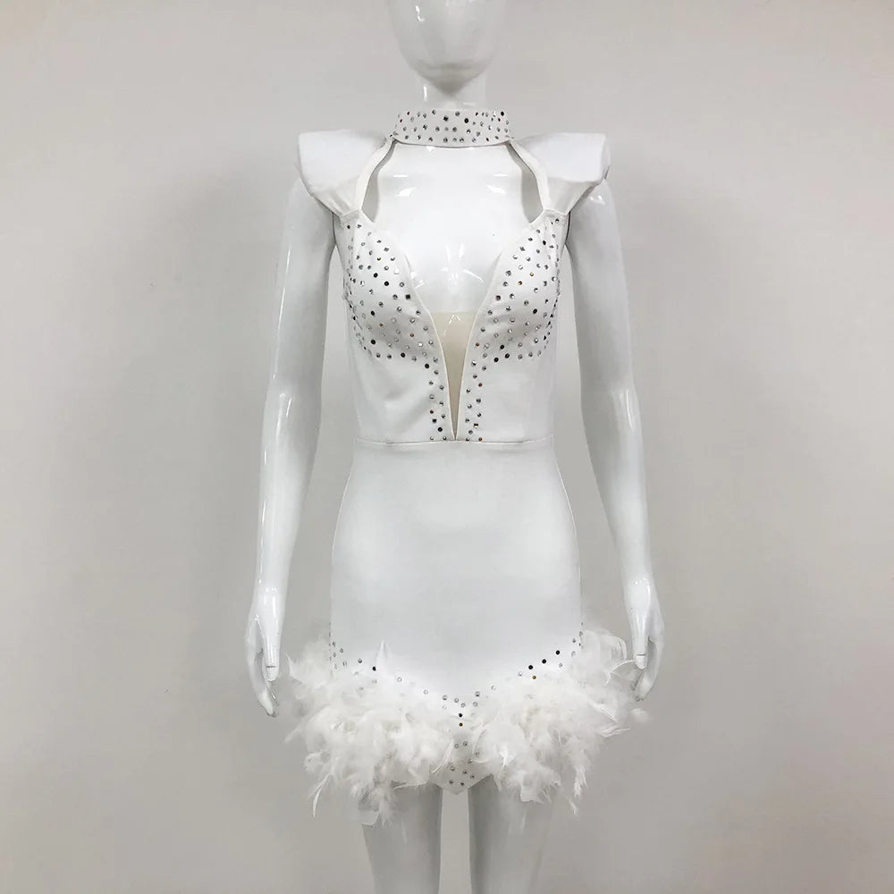 Kaser Fashion Elegant Temperament With Diamond Bandage Feather Dress