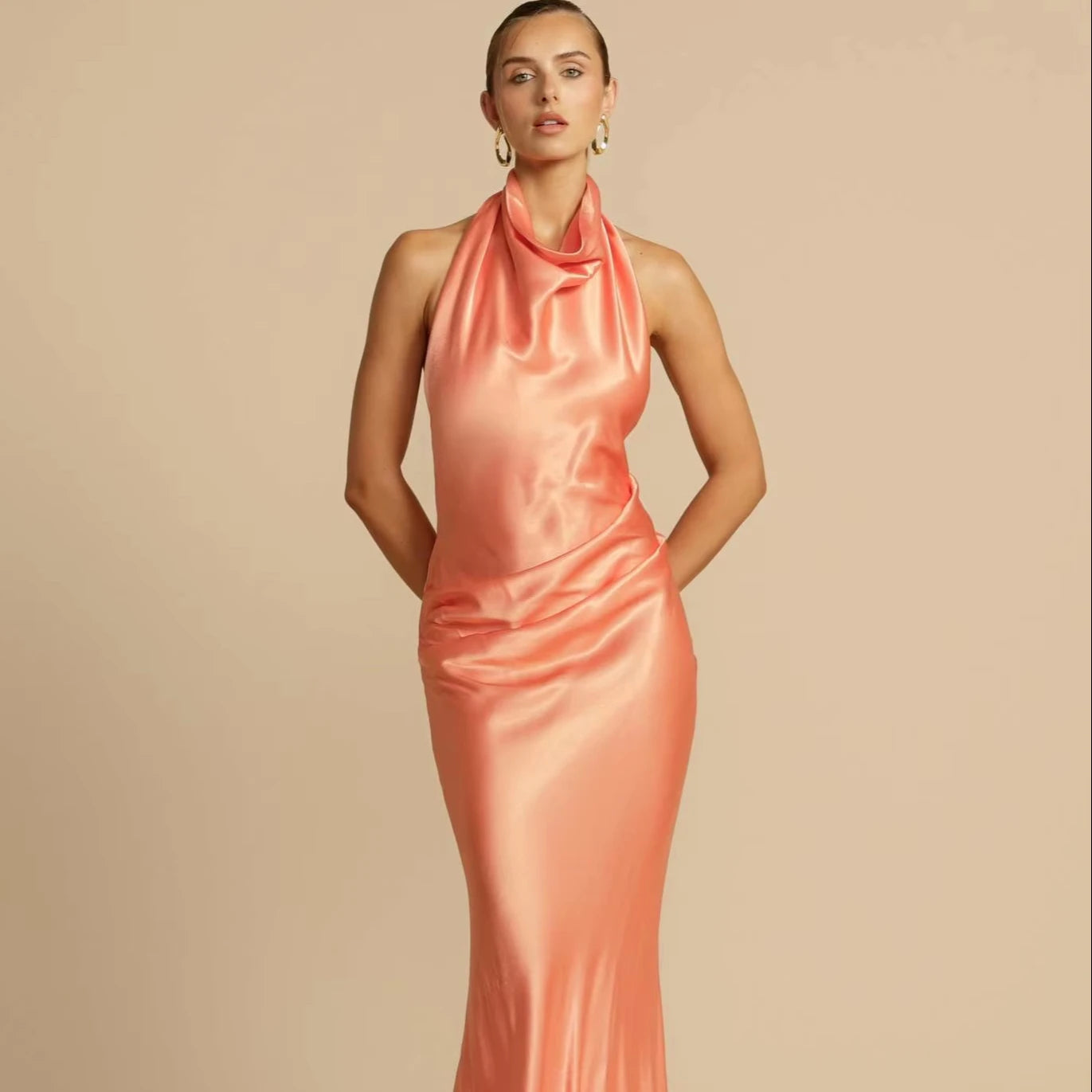 Paramus Casual Solid Color Halter Neck Backless Maxi Satin Elegant Dress