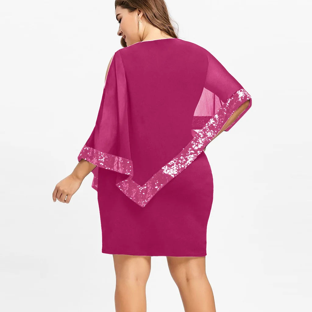 Carolina Plus Size Sexy Cold Shoulder Overlay Asymmetric Chiffon Strapless Sequins Dress
