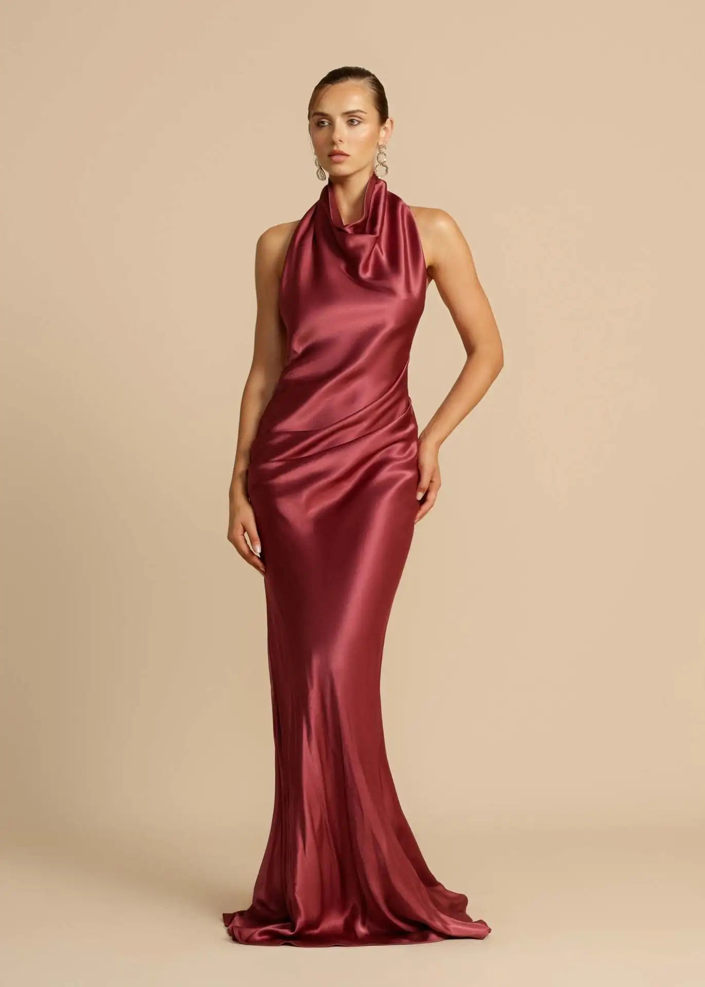 Paramus Casual Solid Color Halter Neck Backless Maxi Satin Elegant Dress