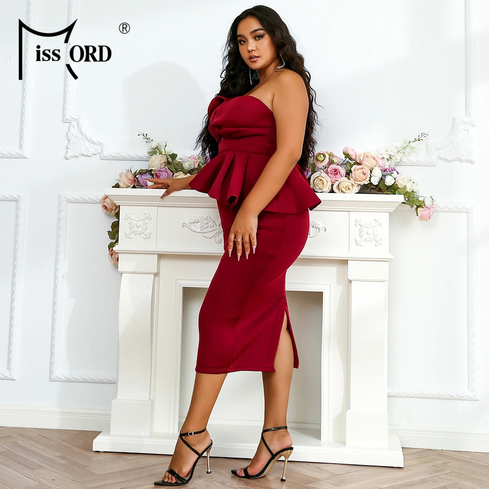 Missoury Red Knitted Midi Plus Size Elegant One Shoulder Sleeveless Ruffles Bodycon Dress