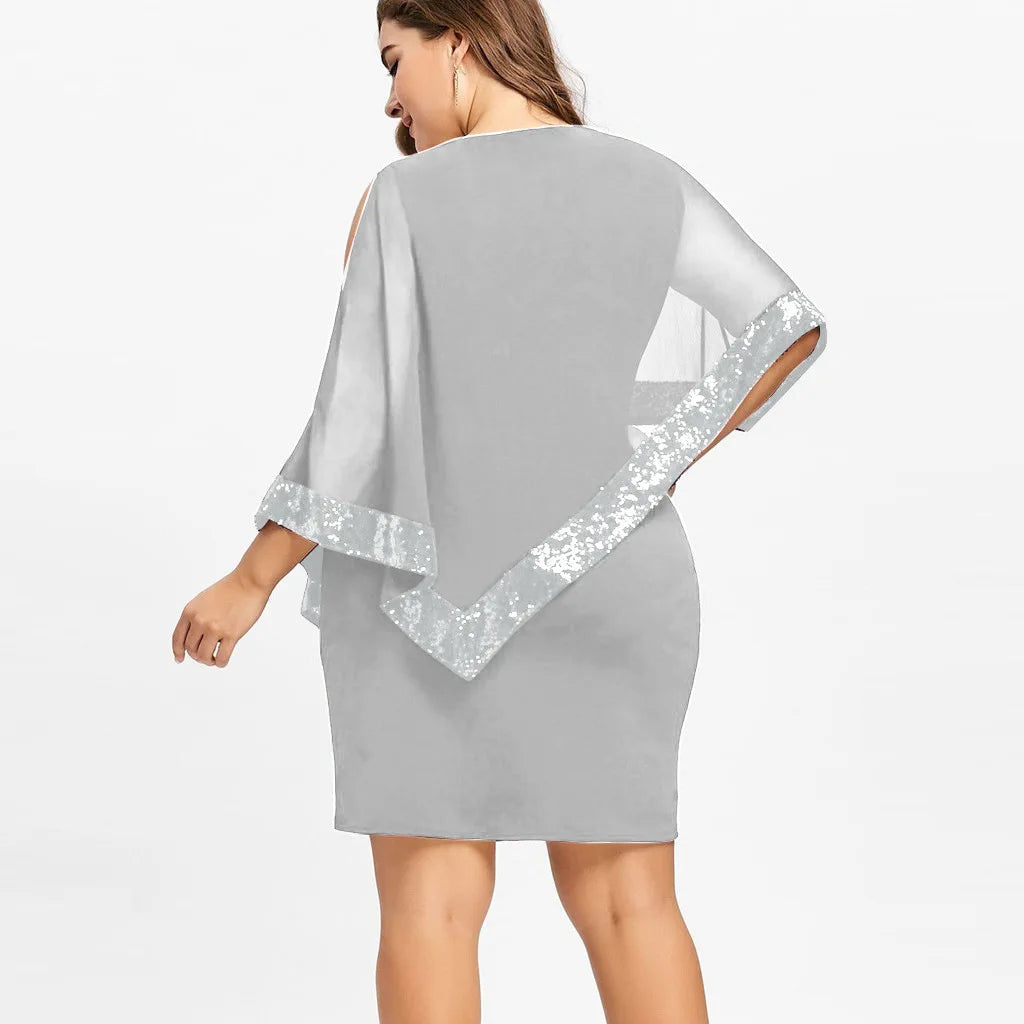 Carolina Plus Size Sexy Cold Shoulder Overlay Asymmetric Chiffon Strapless Sequins Dress