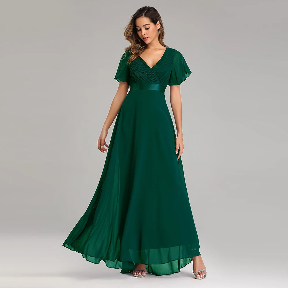 Kerney Elegant V Neck Ruffles Chiffon Formal Evening Gown Dress