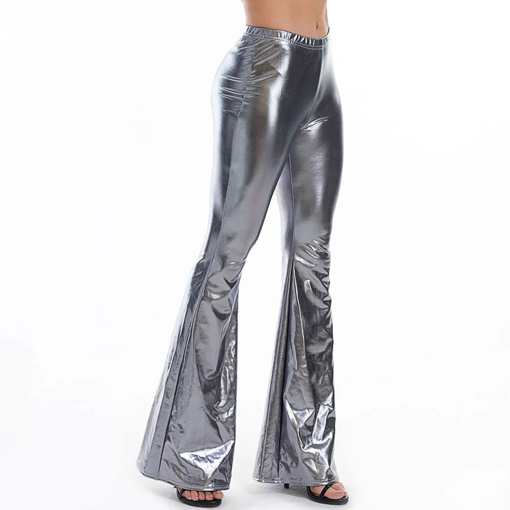 Aruba Sexy PU Leather Metallic Shiny Holographic Flare Pants