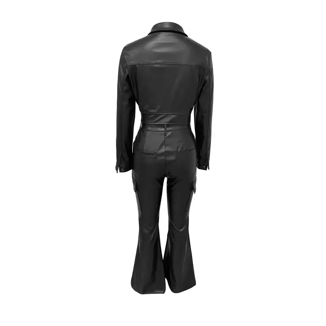 Buffalo Leather Suit Crop Slim-Fit Leather Casual Tracksuit Two Piece Set