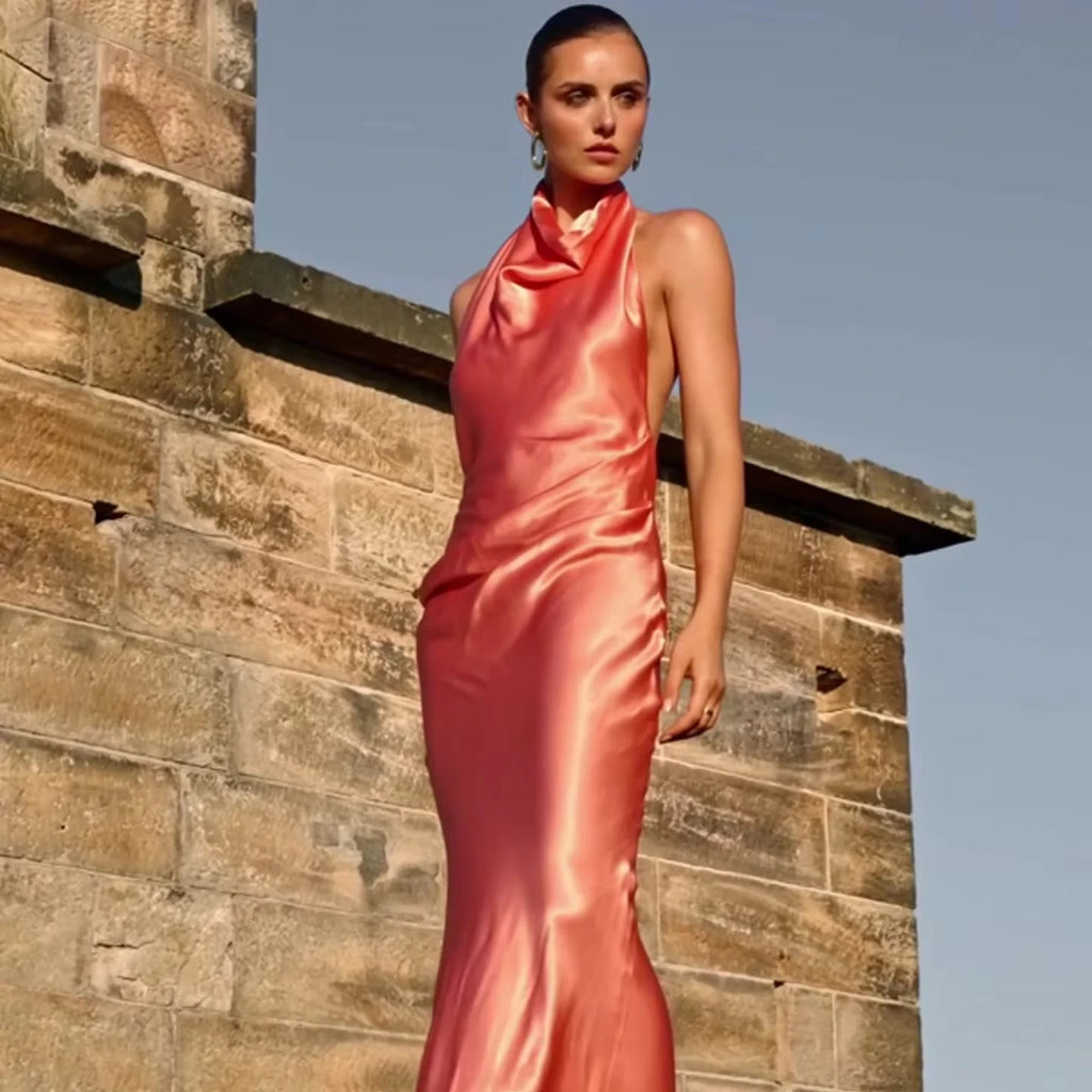 Paramus Casual Solid Color Halter Neck Backless Maxi Satin Elegant Dress