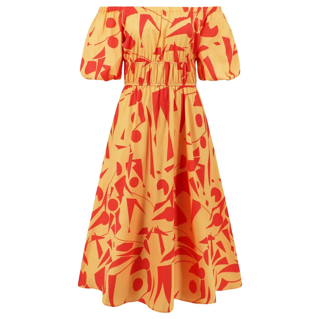 Sexy off Shoulder Bubble Sleeves Printed Maxi Dress Bohemian