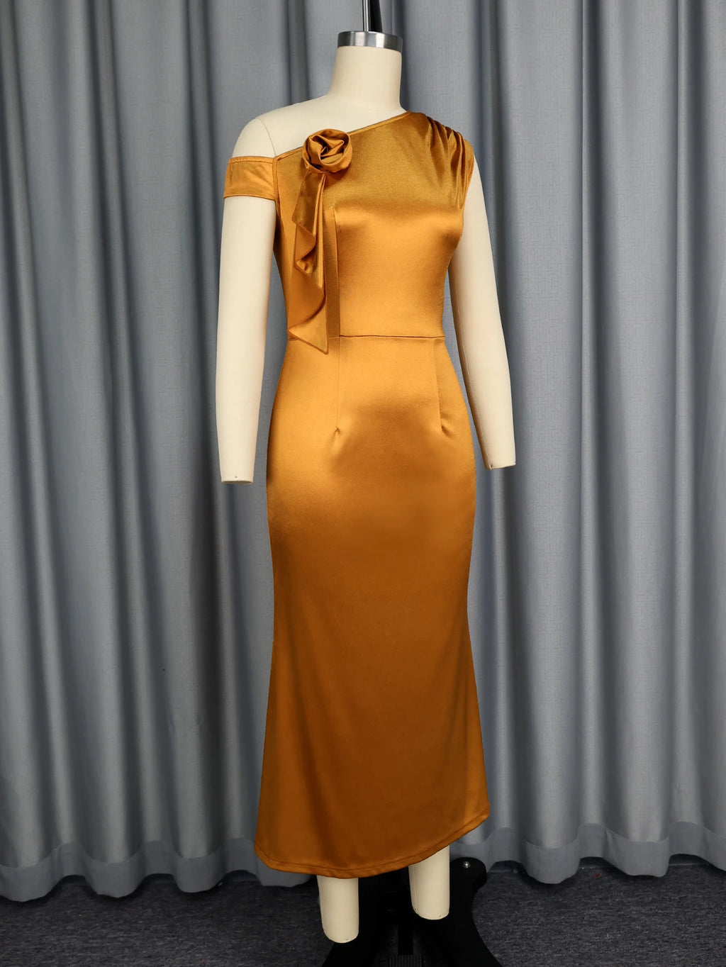 Maywood Elegant One Shoulder Asymmetrical 3D Flower Satin High Waist Brown Dress