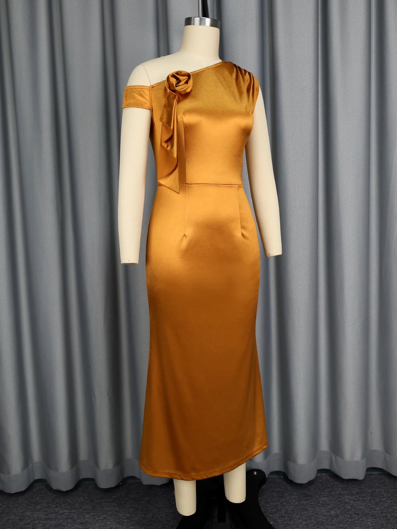 Maywood Elegant One Shoulder Asymmetrical 3D Flower Satin High Waist Brown Dress