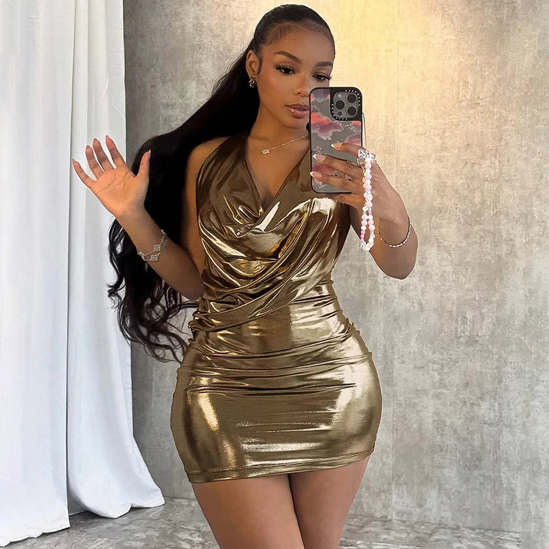 West Point Metallic Slip Halter Neck Backless Bodycon Mini Dress