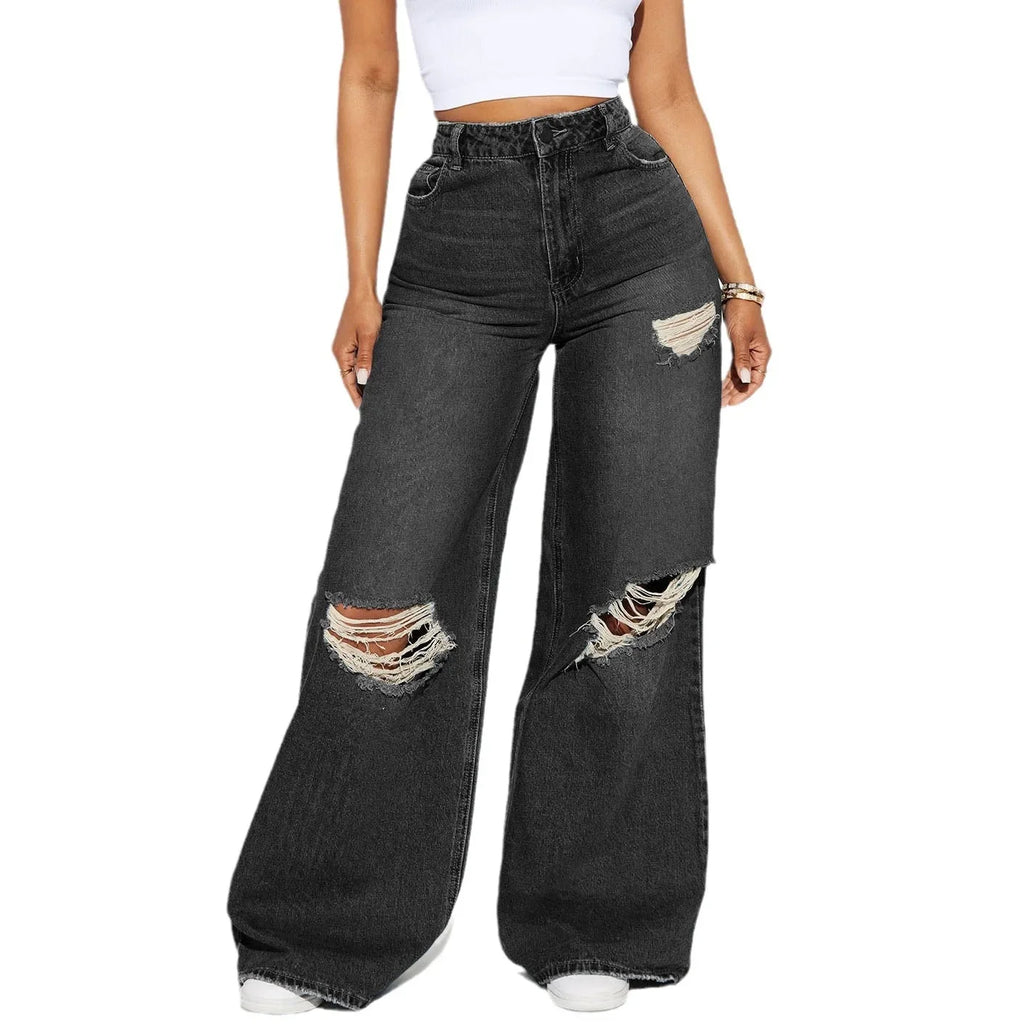 Phoenixville High-Waisted Wide-Leg Ripped Fabric Dark Wash Casual Jeans Denim