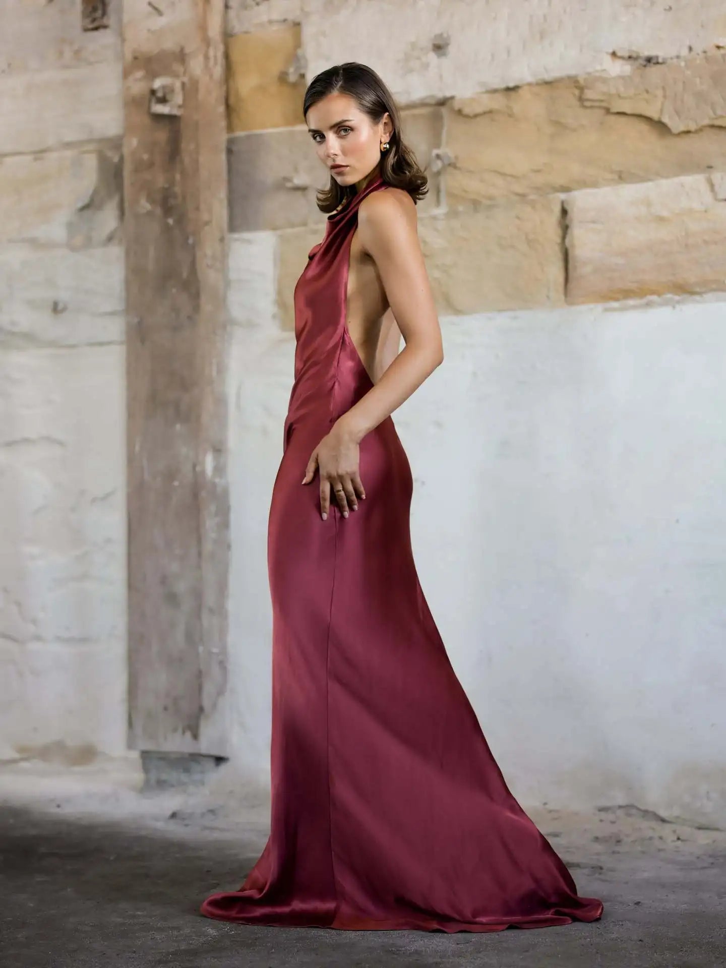 Paramus Casual Solid Color Halter Neck Backless Maxi Satin Elegant Dress