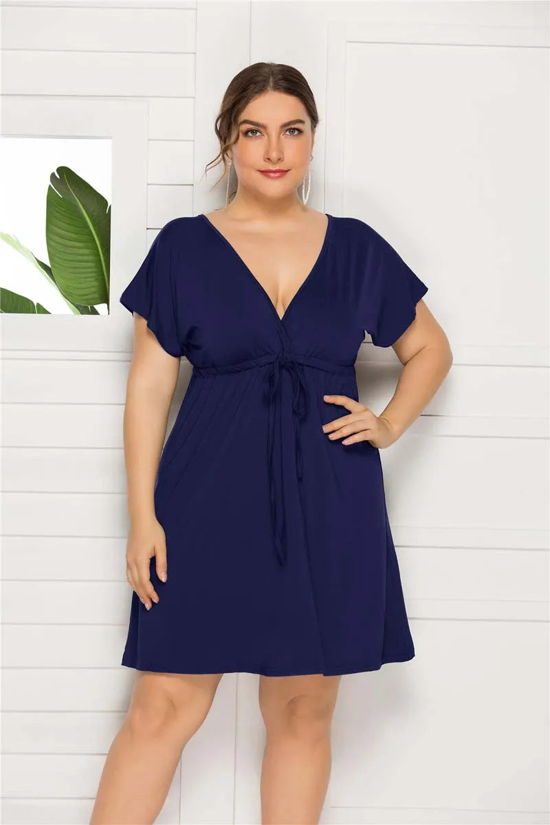 PLUS SIZE V Neck Sleeve Elastic Waist Frenulum Casual Loose Mini Dress