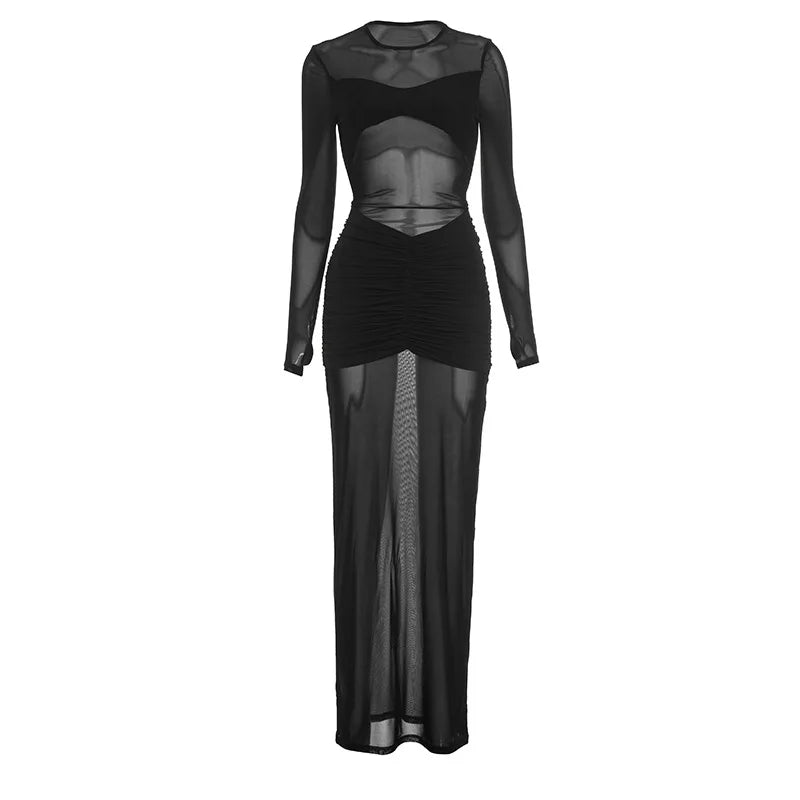 Schenectedy O Neck Long Sleeve Backless Sexy Black Mesh Full Length Maxi Dresses