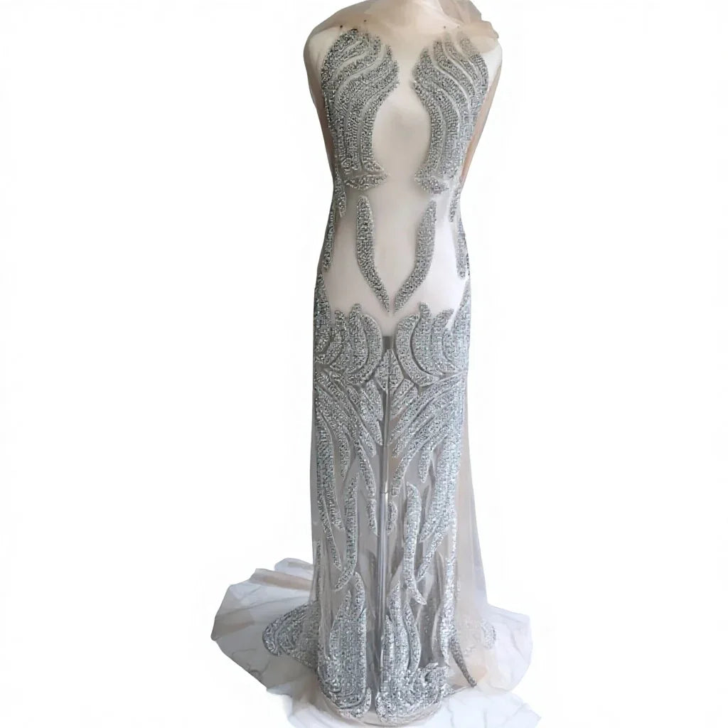 Romney High Quality Long Lace Rhinestone Fabric With Silver Nude Mesh Crystal Dress