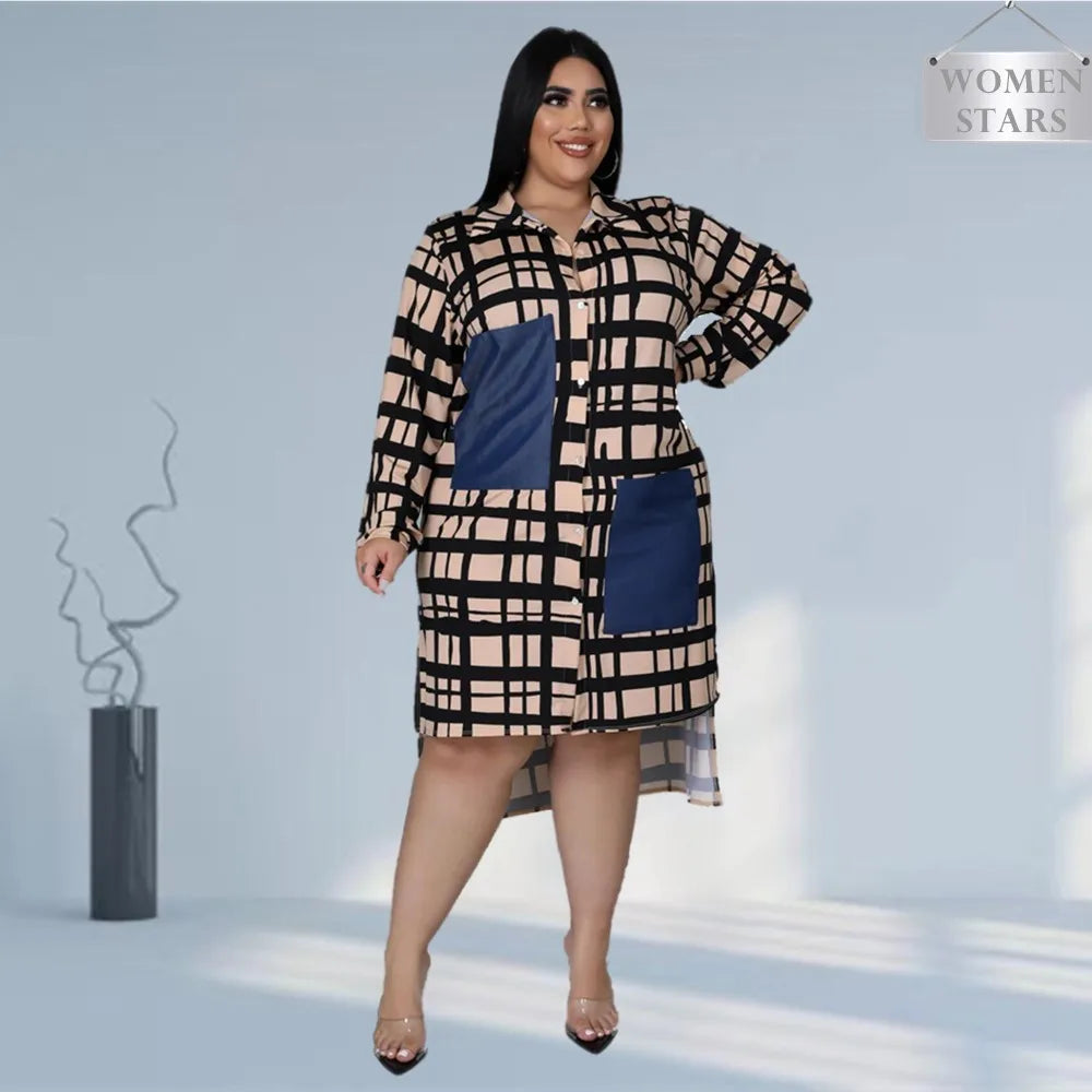 Kentucky Buttons Casual Long Sleeve Loose Office Lady Plaid Midi Dress