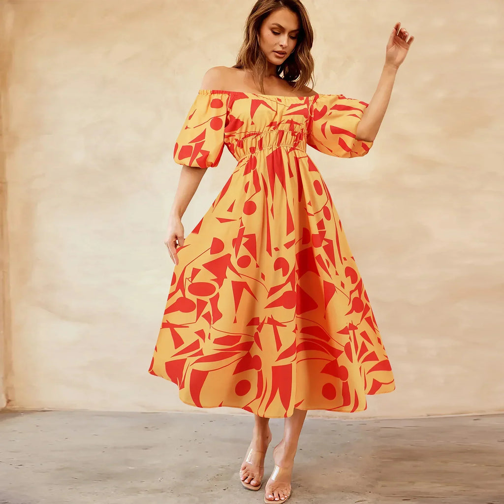 Sexy off Shoulder Bubble Sleeves Printed Maxi Dress Bohemian