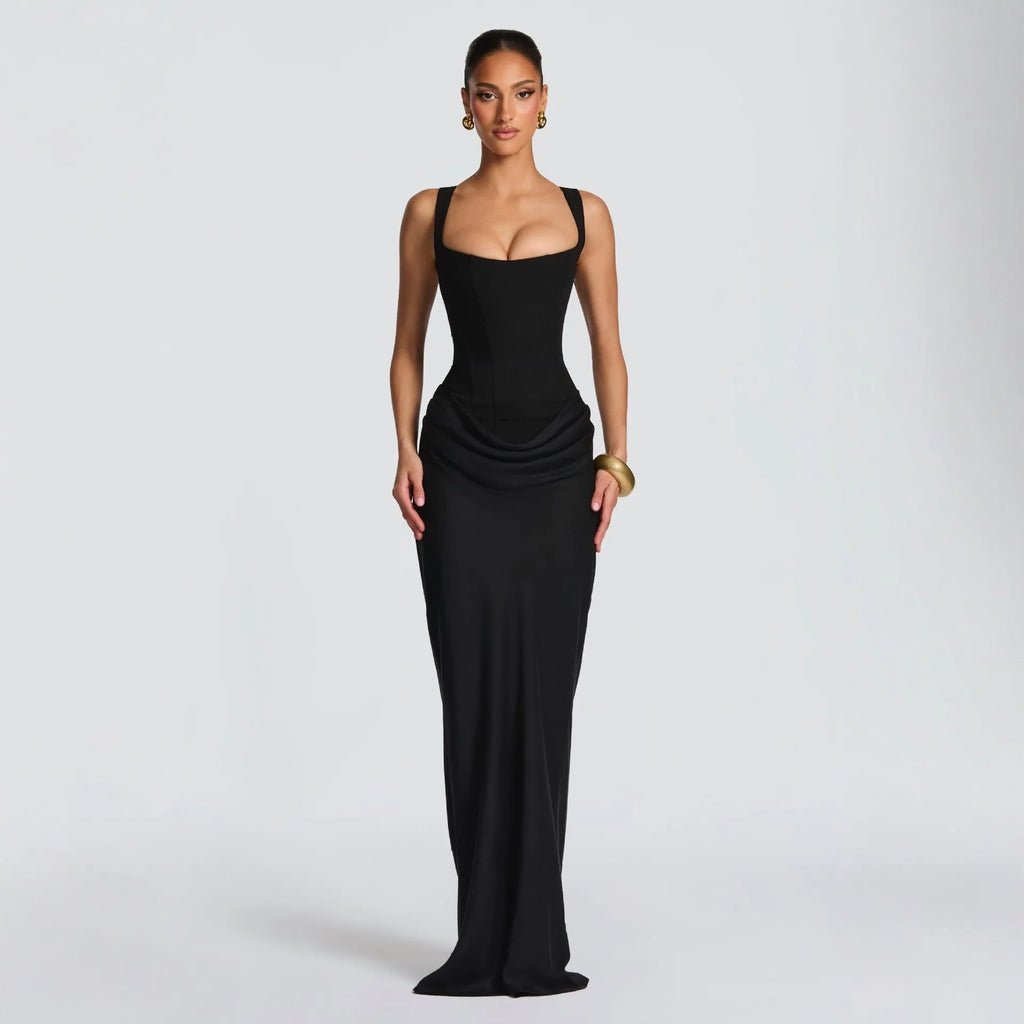 Bullshead Elegant Lady Pleated Sling Solid Sleeveless Off Shoulder Waist Dress