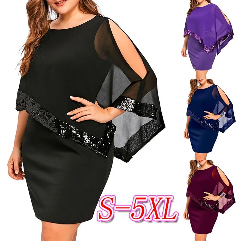 Carolina Plus Size Sexy Cold Shoulder Overlay Asymmetric Chiffon Strapless Sequins Dress