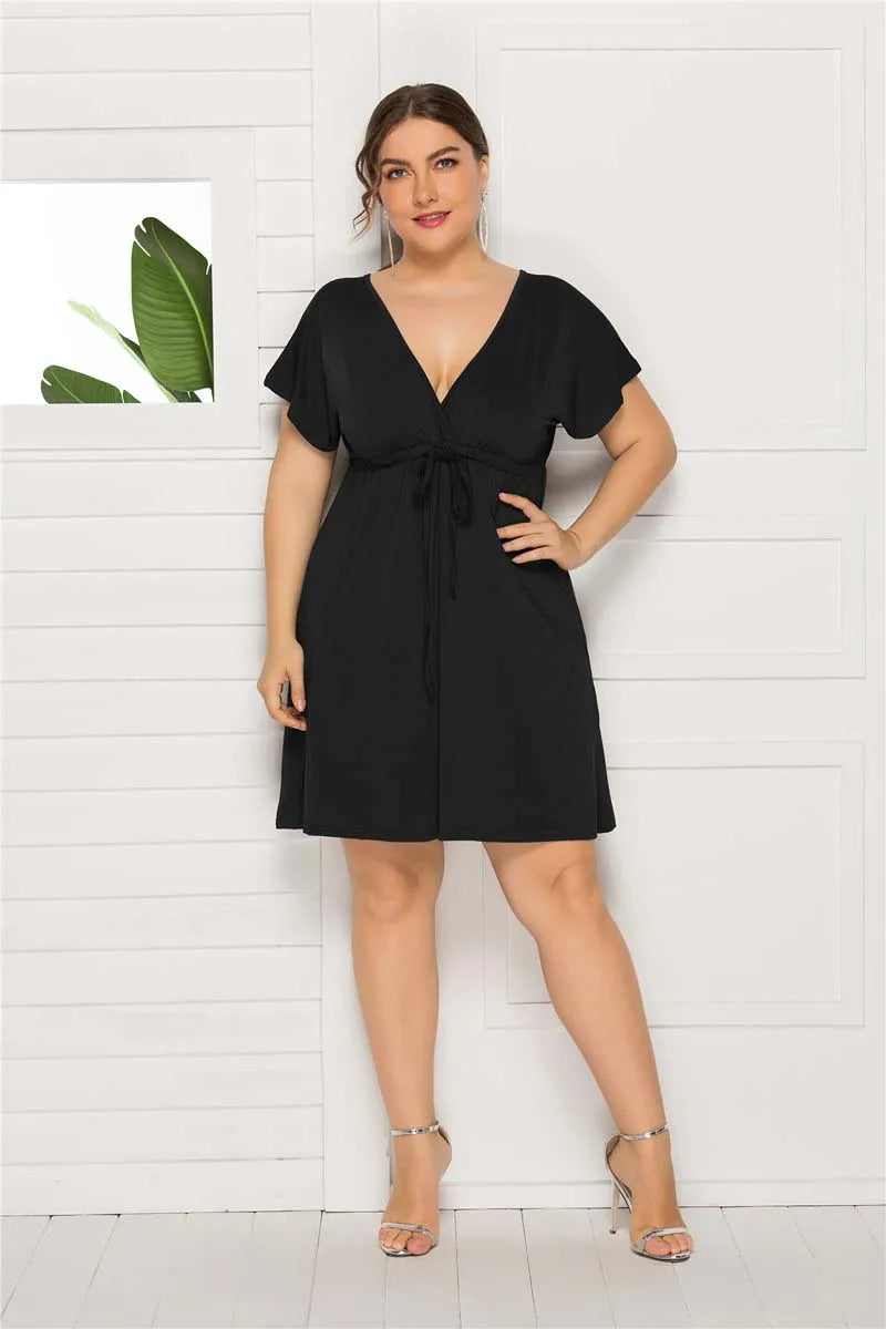 PLUS SIZE V Neck Sleeve Elastic Waist Frenulum Casual Loose Mini Dress
